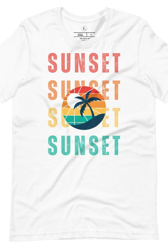 Capture the essence of tropical paradise with our Sunset t-shirt. This shirt features four rows of the word 'sunset' surrounding a stunning palm tree, bringing a laid-back, beachy vibe to your wardrobe with this white tee. 