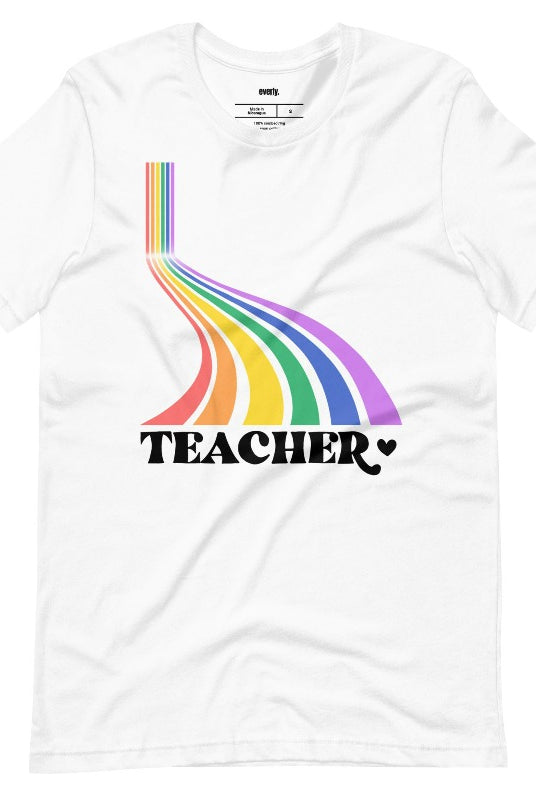 Colorful rainbow design with the word 'teacher' at the bottom, showcased on a teacher graphic tee. The perfect choice for teacher shirts and teacher gifts. White graphic tees. 