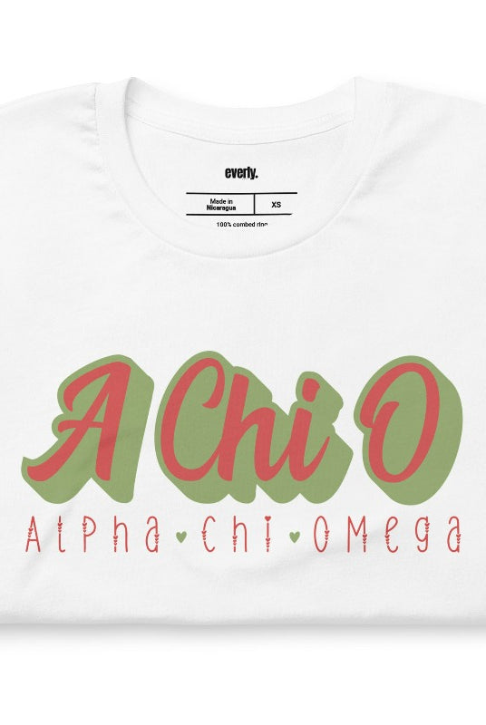 Stylish A Chi O Alpha Chi Omega graphic tee perfect for sorority shirts, featuring retro design and classic comfort. White Graphic Tee