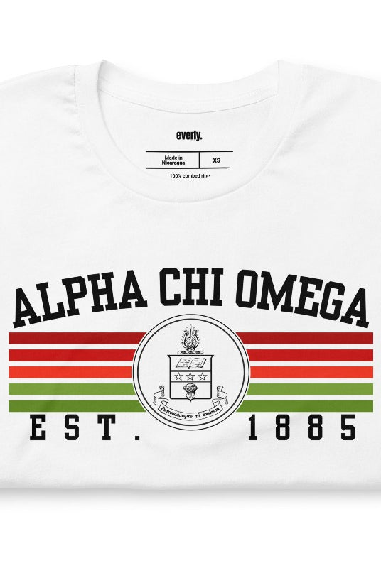 Alpha Chi Omega Est 1885 sorority crest graphic tee - the perfect addition to your collection of chic and trendy sorority shirts. White Graphic Tee
