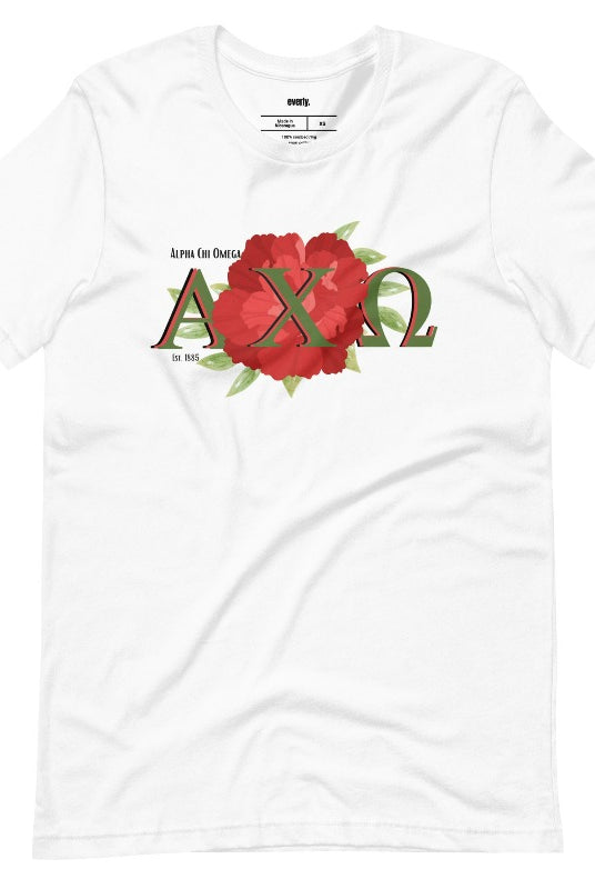 Showcase your Alpha Chi Omega pride with this Est 1885 red carnation graphic tee - the ultimate sorority shirt for style and sisterhood. White graphic tee
