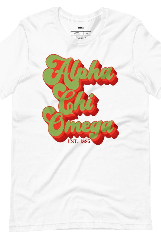 Get a retro-chic look with this Alpha Chi Omega Est 1885 graphic tee - a trendy choice for sorority shirts that combines timeless style with sisterhood pride. White graphic tee