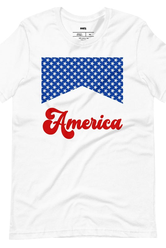 Close-up image of a USA July 4th graphic tee with the word 'America' spelled out in retro lettering on the front. The lettering is filled with iconic American flag stars, adding a patriotic touch to the design on white graphic tee. 