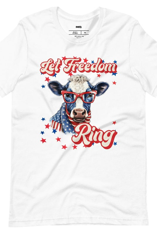 Graphic of a cow wearing sunglasses and a USA-themed scarf, with the text 'Let Freedom Ring' on the front of a white graphic tee.