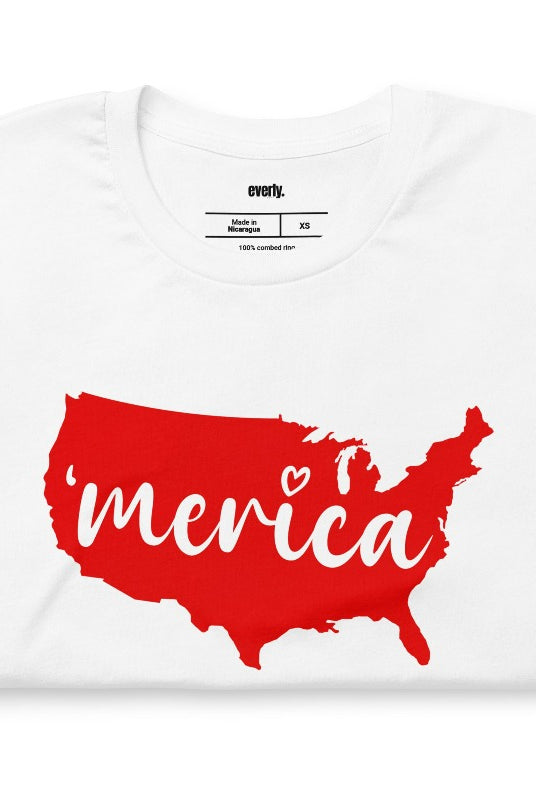Graphic of the map of the USA with the text 'Merica' on the front of a white graphic tee.