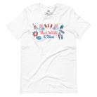 A vibrant graphic tee for the USA July 4th celebration featuring the text "Red White Blue" in bold and patriotic colors. The design is filled with various images associated with July 4th, including fireworks, American flags, stars, and stripes, evoking a sense of national pride and celebration on a white graphic tee.
