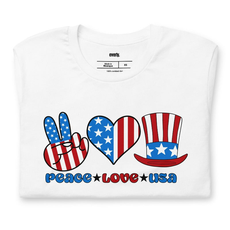 Peace Love USA PNG Sublimation Digital Download design, on a white graphic tee.