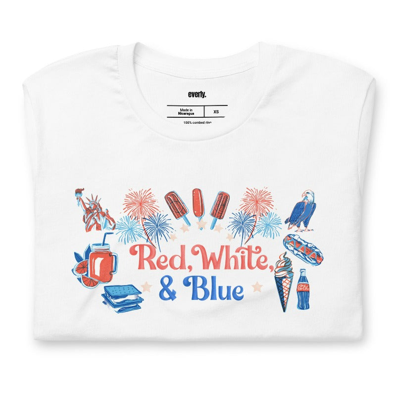 USA Red White & Blue PNG sublimation digital download design, on a white graphic tee.