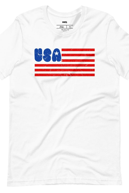 A stylish graphic tee for the USA July 4th celebration featuring a creatively designed American flag. The tee showcases the flag's stripes morphing into the text "USA" while the stars on the flag are creatively incorporated into the design, creating a unique and patriotic look on a white graphic tee. 