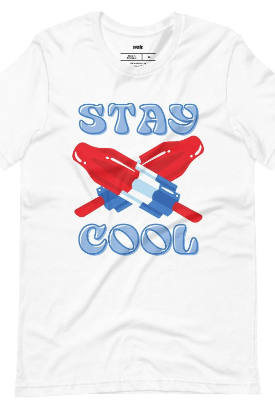 A fun and playful graphic tee for the USA July 4th celebration featuring vibrant and colorful bomb popsicles with the text 'Stay Cool' on the front. The tee captures the essence of summertime and the festive spirit of July 4th, making it a perfect choice for a cool and refreshing look on a white graphic tee. 