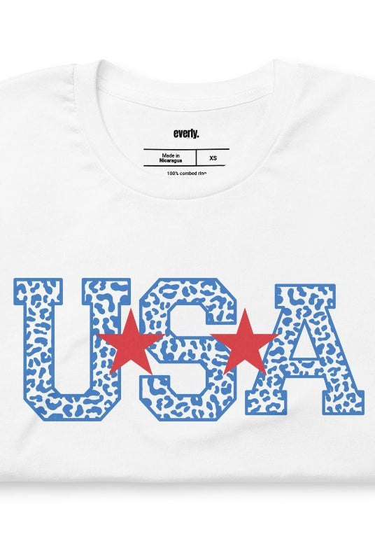 USA Blue Cheetah Print PNG sublimation digital download design, on a white graphic tee.