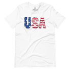 The alt text for the product photo could be: "Graphic tee featuring 'USA' with stars and stripes design, symbolizing the American flag on a white tee - great for celebrating the Fourth of July in style.