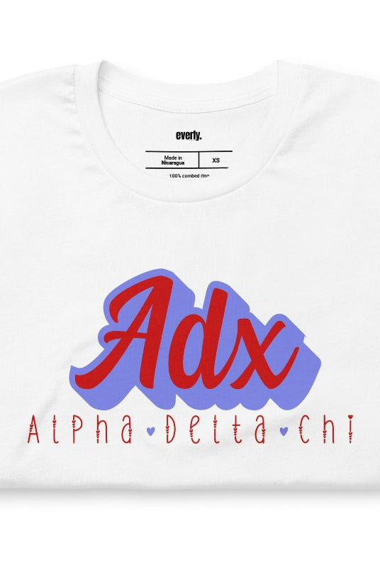 White graphic tee featuring ADX in bold lettering for Alpha Delta Chi sorority