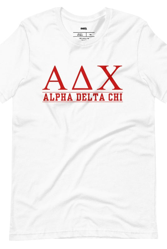 White graphic tee featuring Alpha Delta Chi letters with 'Alpha Delta Chi' written below