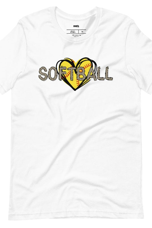 Cheetah print softball lettering on top of a softball heart on a white graphic tee. 