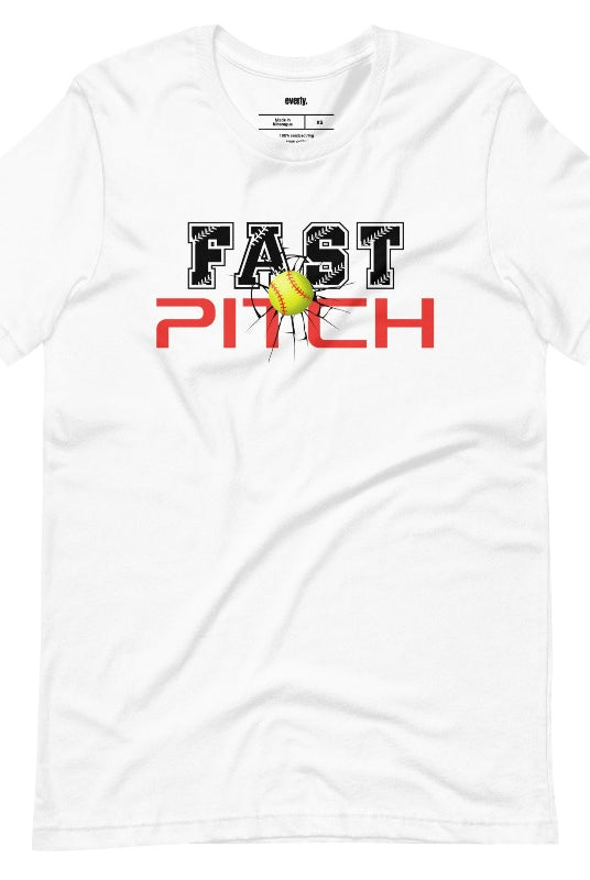 Fast pitch softball graphic tee on a white shirt. 