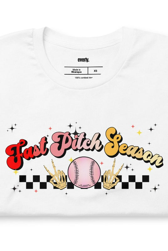 Fast pitch softball retro graphic design on a white tee.