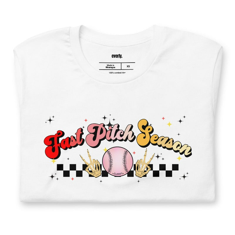 Fast Pitch Season Softball PNG sublimation digital download design, on a white graphic tee.