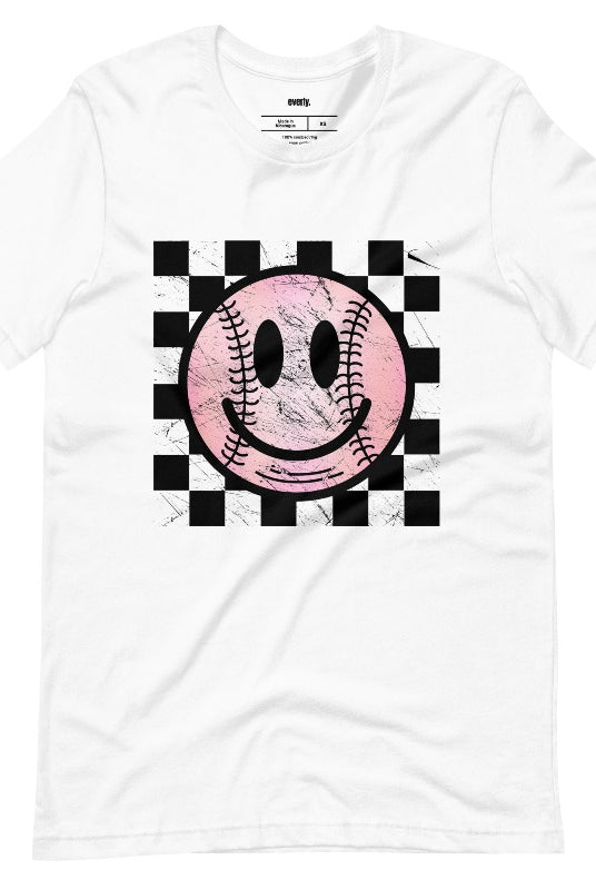 Retro softball smiley face on a white graphic tee.