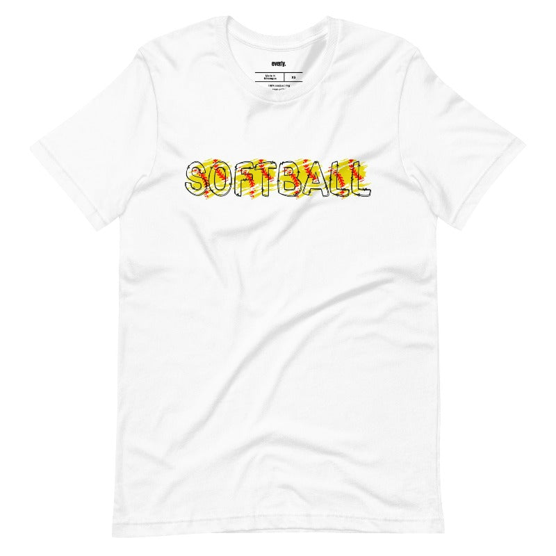 Softball with bubble letters on a white graphic tee