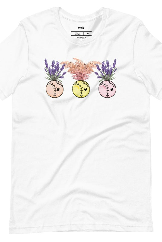 Softball flower vases holding flowers on a white graphic tee.