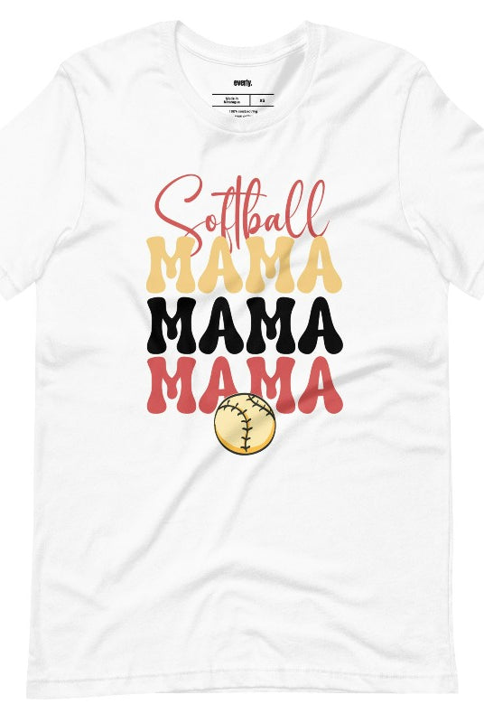 Softball Mama on a white graphic tee. 
