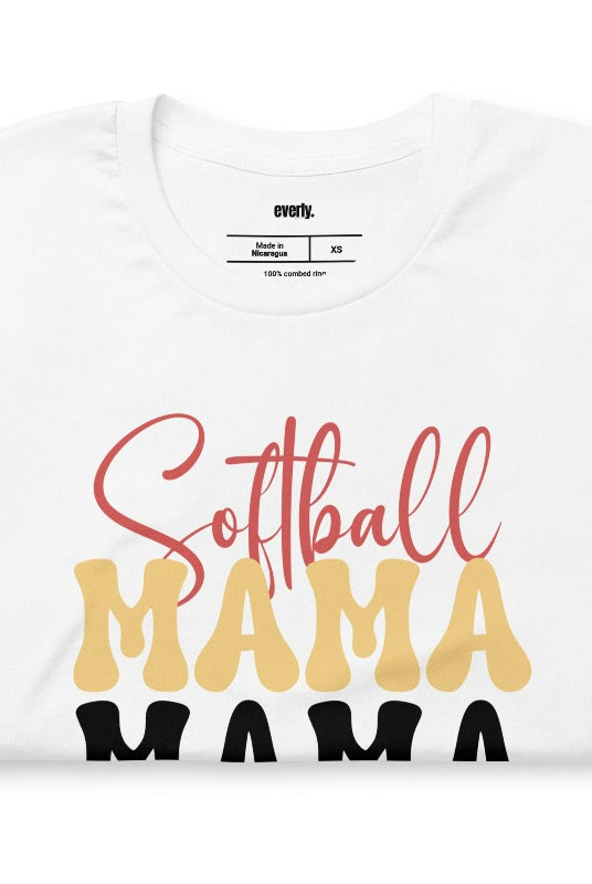 Softball Mama on a white graphic tee.