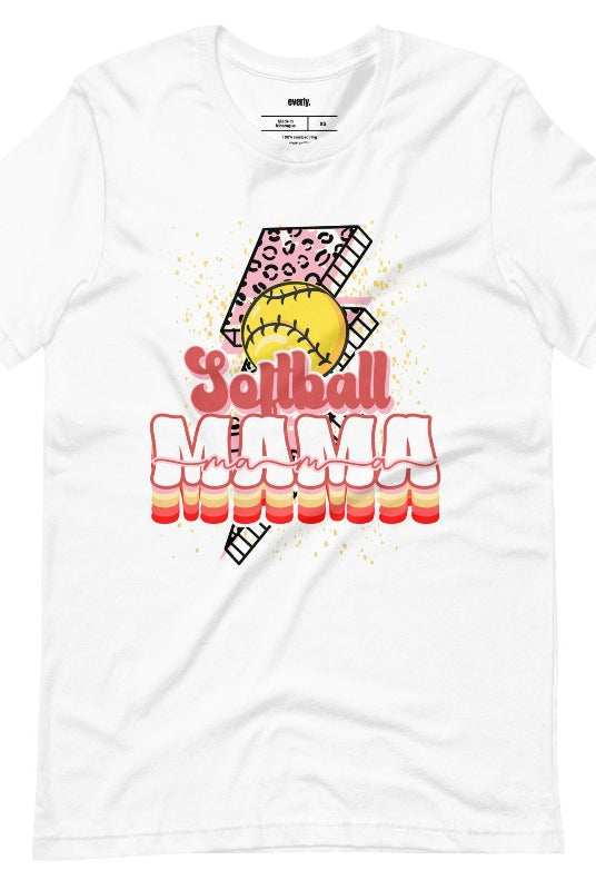 Softball mama cheetah print lighting bolt on a white graphic tee. 
