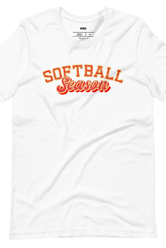Softball Season Sports Lettering PNG Sublimation Digital Download Design, on a white graphic tee.
