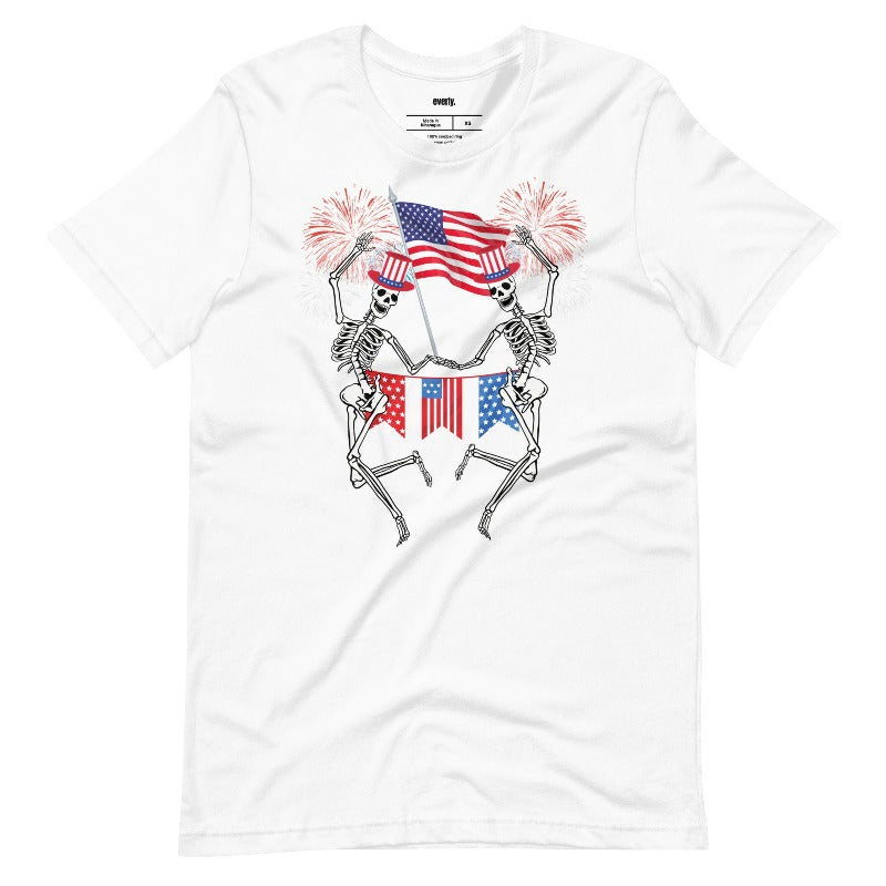 Skeletons celebrating July 4th white graphic tee.