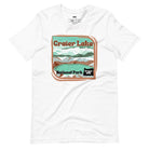 a colorful graphic of Crater Lake National Park, featuring mountains, water, and the text "Crater Lake National Park Oregon 1902 on a white shirt. 