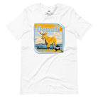 White Bella + Canvas 3001 t-shirt featuring a colorful Denali National Park graphic with a moose and mountains, showcasing the beauty of Alaska's wilderness.