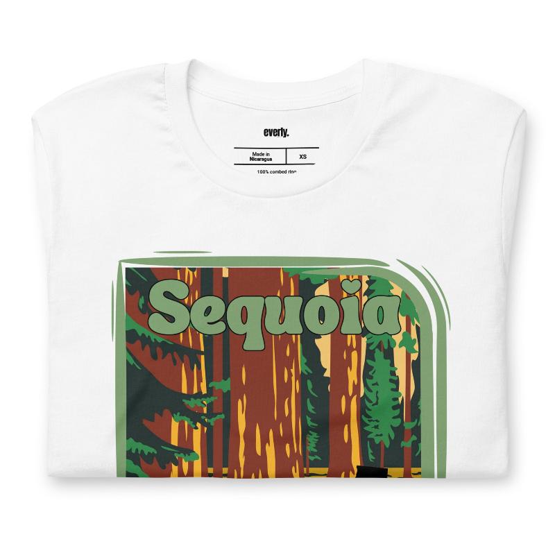 a vibrant illustration of Sequoia National Park, showcasing towering sequoia trees with a vintage-inspired design on a white shirt.