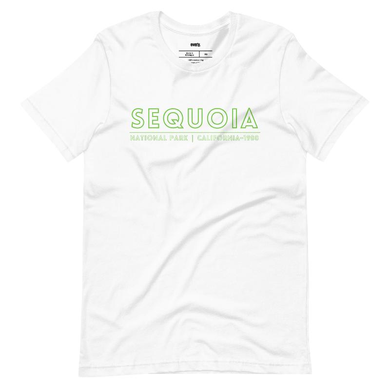 a colorful, detailed graphic of Sequoia National Park with the park's name and established year on the back, and a simplified text logo on the front on a white shirt.