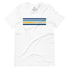 Bella + Canvas 3001 unisex t-shirt featuring bold blue and gold horizontal stripes with the word "CALIFORNIA" prominently displayed in the center