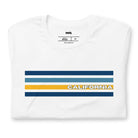 Bella + Canvas 3001 unisex t-shirt featuring bold blue and gold horizontal stripes with the word "CALIFORNIA" prominently displayed in the center on a white shirt