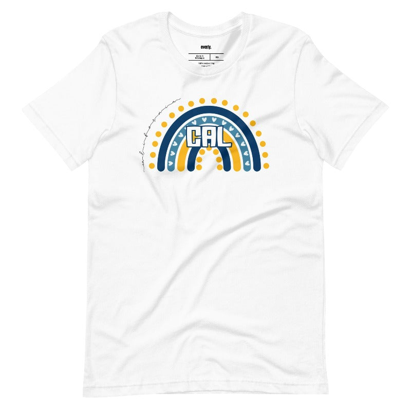 Bella + Canvas 3001 unisex t-shirt featuring a playful blue and gold rainbow design with "CAL" in the center, surrounded by hearts and dots on a white graphic tee.