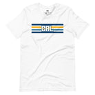 Bella + Canvas 3001 unisex t-shirt featuring blue and gold horizontal stripes with "CAL" text prominently displayed in the center on a white graphic tee.