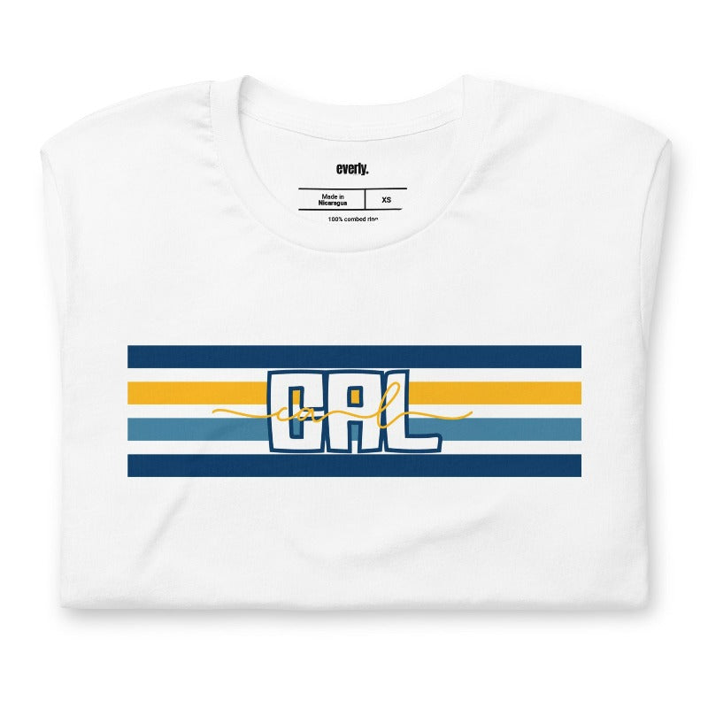 Bella + Canvas 3001 unisex t-shirt featuring blue and gold horizontal stripes with "CAL" text prominently displayed in the center on a white graphic tee.