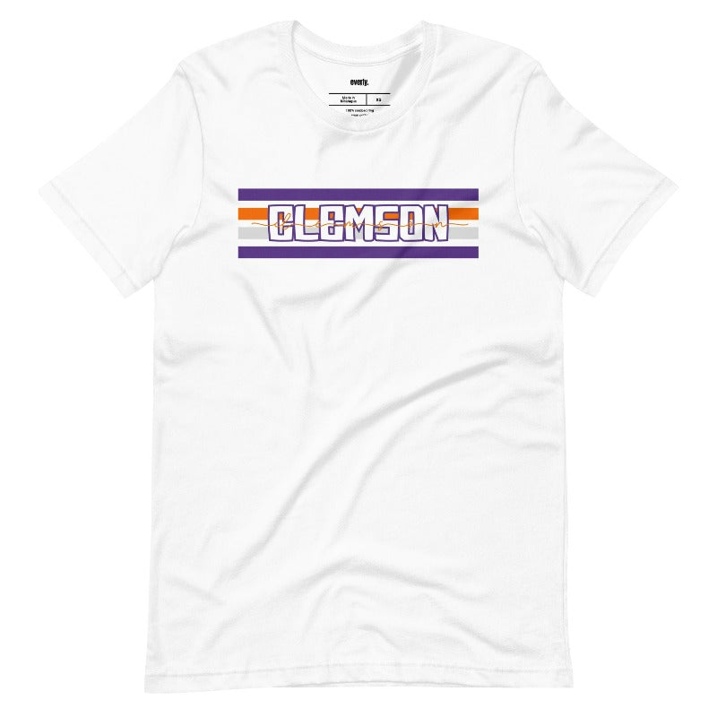 Bella + Canvas 3001 unisex shirt with Clemson University stripe design in purple, orange, and white, with "Clemson" written in bold letters on a white graphic tee.