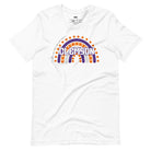 Bella + Canvas 3001 unisex shirt featuring a colorful rainbow design with the word "Clemson" in the center, representing Clemson University on a white graphic tee.