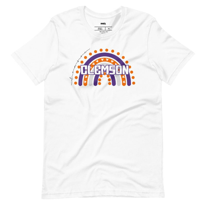 Bella + Canvas 3001 unisex shirt featuring a colorful rainbow design with the word "Clemson" in the center, representing Clemson University on a white graphic tee.