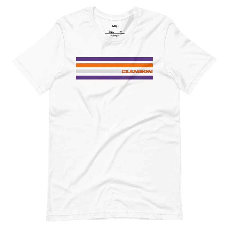 Bella + Canvas 3001 unisex T-shirt featuring a Clemson University design with purple, orange, and grey stripes and the word "Clemson" in bold orange letters on a white shirt