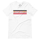 Bella + Canvas 3001 unisex t-shirt featuring the University of Louisville design with red, black, and yellow stripes, and "Louisville" text prominently displayed on a white shirt. 