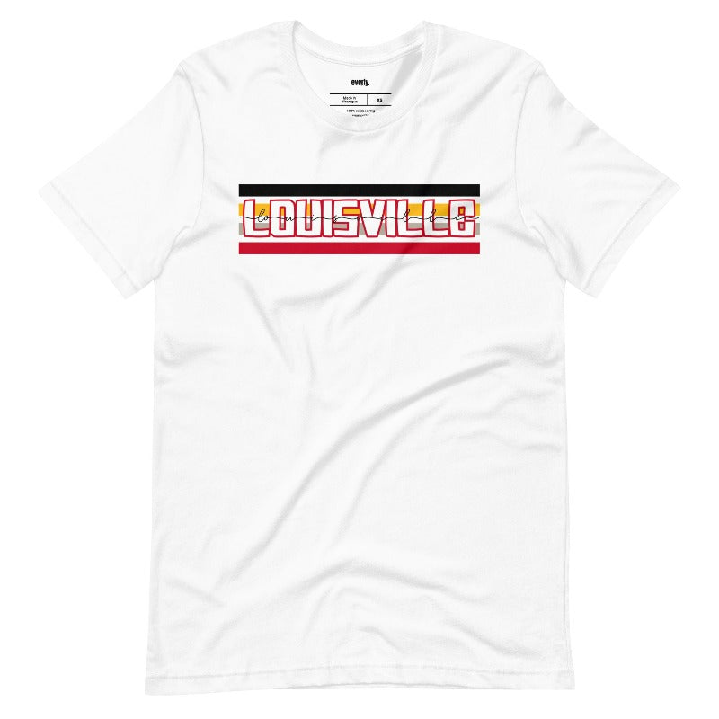 Bella + Canvas 3001 unisex t-shirt featuring the University of Louisville design with red, black, and yellow stripes, and "Louisville" text prominently displayed on a white shirt. 