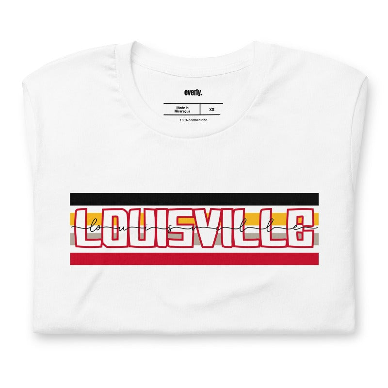 Bella + Canvas 3001 unisex t-shirt featuring the University of Louisville design with red, black, and yellow stripes, and "Louisville" text prominently displayed on a white shirt.