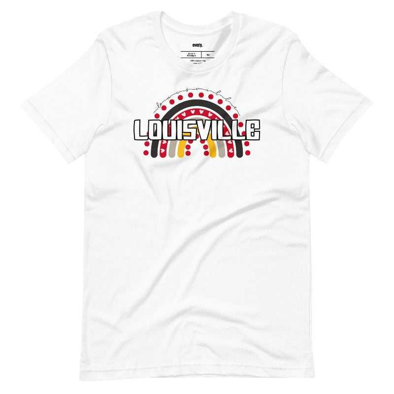 unisex t-shirt with a vibrant rainbow design and the text "Louisville" in bold letters, perfect for showing University of Louisville spirit on a white shirt. 