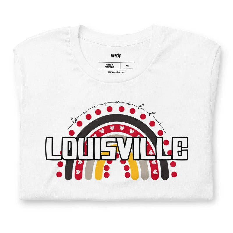 A vibrant rainbow design and the text "Louisville" in bold letters, perfect for showing University of Louisville spirit on a white shirt.