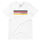 A Bella + Canvas 3001 unisex t-shirt featuring stylish stripes in black, red, and gold with "Louisville" text, perfect for University of Louisville fans, made of 100% combed and ring-spun cotton on a white shirt. 