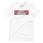 "North Carolina" in bold red and white text on a black and red striped background across the chest on a white shirt. 